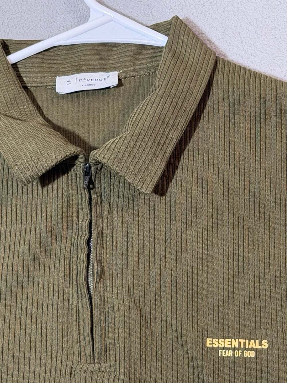 Essentials Fear of God Olive Green Ribbed Zip Polo Shirt X-Large
